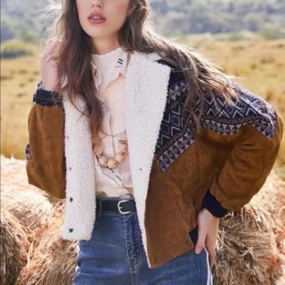 Camel Corduroy shearling line tribal Button Jacket - Picture 1 of 8